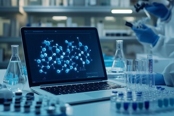 Molecular modeling in drug discovery, with scientists analyzing on a laptop and lab samples in the foreground