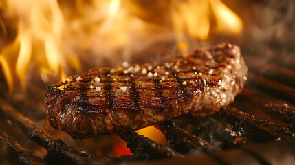 Close-up of steak on a hot grill with red fire flames