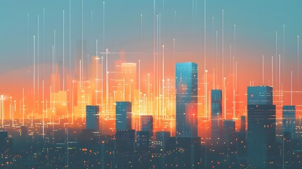 Wall Mural - Time-of-Use Pricing illustrated by a cityscape with dynamic lighting that changes throughout the day, representing different electricity rates based on time, encouraging energy use during lower-demand