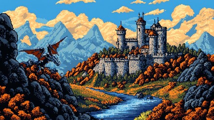 Wall Mural - Pixel art of a pixelated 8-bit fantasy world