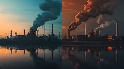 an image comparing two factories--one belching dark smoke into the sky and another with clean, effic