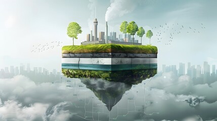 Wall Mural - A tiered illustration showing direct, indirect, and supply chain emissions as layers of an onion, each emitting different levels of carbon footprints into the atmosphere