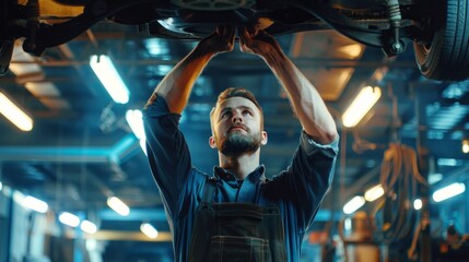 Wall Mural - A man is working on a car under a light