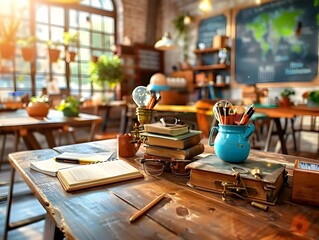 Poster - Vintage Desk with Books, Pencils, and Glasses.