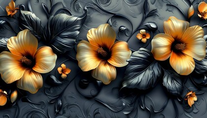 Canvas Print - An elegant wallpaper design with a black background, highlighting a bunch of leaves and flowers