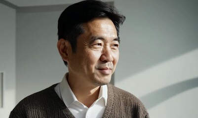 Poster - Medium shot portrait video of a satisfied Chinese man in his 40s wearing a chic cardigan against a minimalist or empty room background 