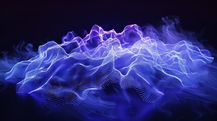 Glowing blue digital mesh on a black background, forming abstract blob shapes with dark purple edges black gradient lighting and volumetric fog