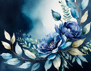 Wall Mural - Blue watercolor flowers on a navy background with copyspace