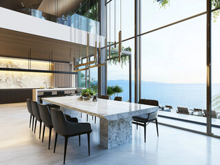 Luxury minimalist dining room, two floor high ceiling. Sea view outside the window. Spacious modern dining table.