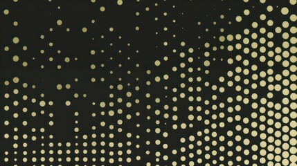 Wall Mural - Halftone pattern on a black background, light yellow dots of various sizes and shapes are scattered across the page