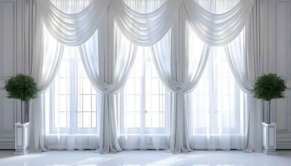 Wall Mural - 3D rendering of white curtains hanging on a window. Minimalist background for product presentation