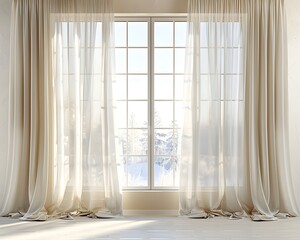 Wall Mural - 3D rendering of white curtains hanging on a window. Minimalist background for product presentation