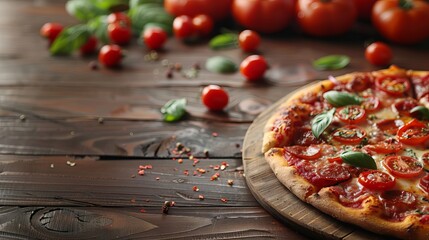 A promotional flyer and poster template for restaurants or pizzerias, featuring a mouthwatering Margherita pizza. The pizza is topped with mozzarella cheese and cherry tomatoes