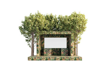 Outdoor stage with backdrop of lush green trees and floral decorations. Ideal for events, performances, and ceremonies in nature.