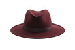 © Sodapeaw - Stylish maroon fedora hat with wide brim and black band isolated on transparent background. Fashion accessory for men and women.