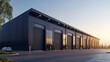 © zhou yan - Modern 3D rendering of a warehouse exterior with sleek gray metal cladding and large garage doors at sunset, showcasing an industrial building ideal for storage, commercial cargo services, or business