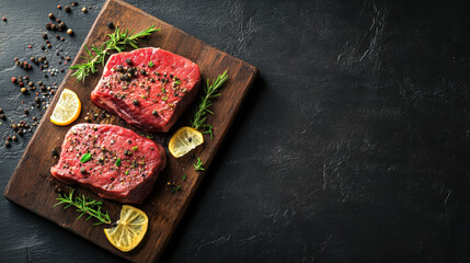 Two pieces of meat with lemon and herbs on a wooden cutting board