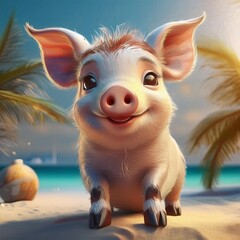 Canvas Print - pig on a beach in summer 