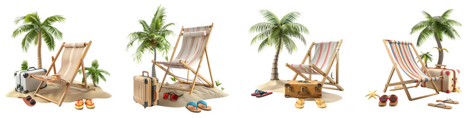 Set of a summer tropical vacation scene with a single beach chair, sunglasses, suitcase, and flip-flops isolated on transparent background.