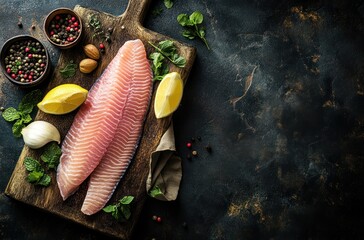 Wall Mural - Raw Fish Fillet on Wooden Cutting Board with Spices and Herbs