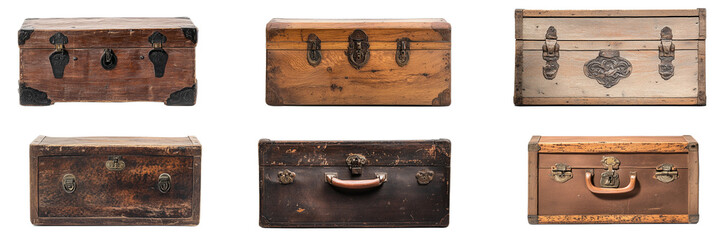 Set of a Various angles of antique wooden trunks with vintage detailing, isolated on transparent background.