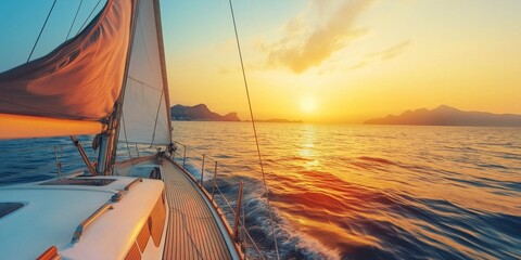 Wall Mural - A sailboat is sailing on a calm sea with a beautiful sunset in the background. The sky is filled with warm colors, creating a serene and peaceful atmosphere. The boat is the main focus of the image