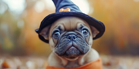 Wall Mural - A small dog wearing a black hat and orange shirt. The dog has a serious expression on its face