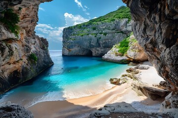 Wall Mural - Beautiful beach with turquoise water and rocks