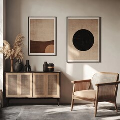 The room is decorated with two abstract paintings on the wall and a wooden chair. The paintings are black and white and the chair is brown. The room has a simple and minimalistic design