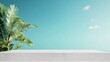 © sknab - 3D summer display platform with a minimalist design and a vibrant tropical background, including palm trees and clear skies
