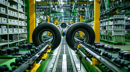 Wall Mural - Two tires roll down a production line in a tire factory, their black surfaces contrasting against the green and yellow machinery