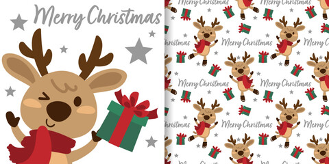 Wall Mural - Christmas holidays banner and seamless pattern of Cute Reindeer wearing red scarf with gift boxes, stars and Merry Christmas text on white background.