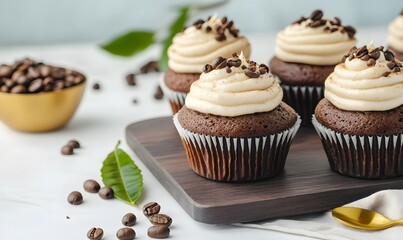 Wall Mural - coffee cupcakes in center frame on a dark brown wooden plate , Generative AI 