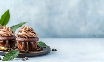 Poster - coffee cupcakes in center frame on a dark brown wooden plate , Generative AI 