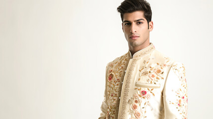 Poster - Indian Groom in Ivory Floral Embroidered Anarkali Sherwani