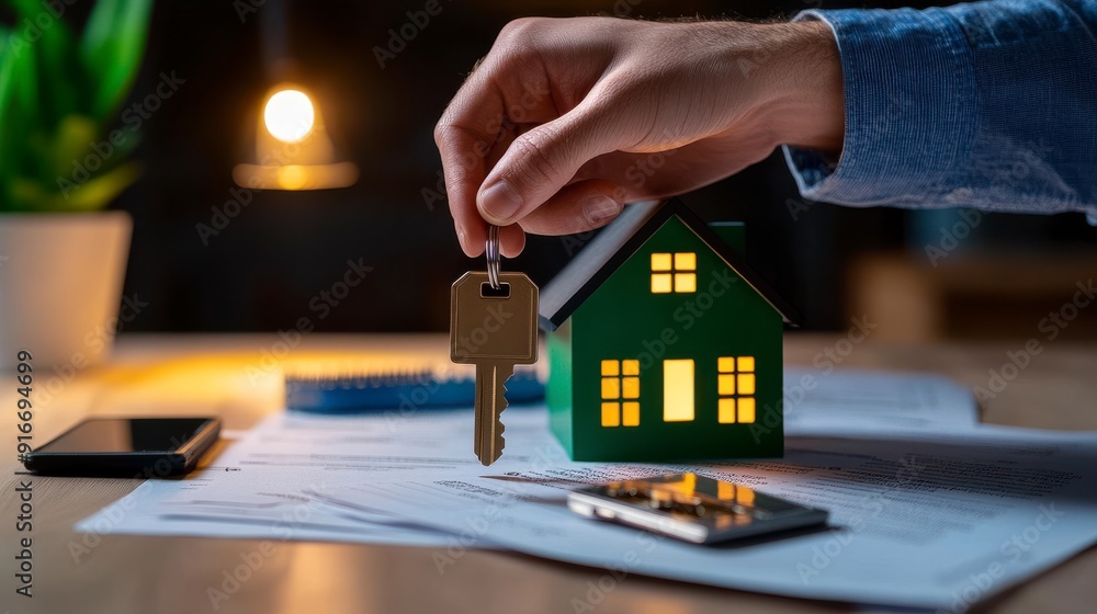 Homeownership, Hand holding a key next to a green house model, Real ...