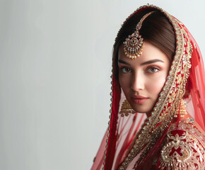 Indian wedding: bride in modern ghoonghat style with intricate embroidery