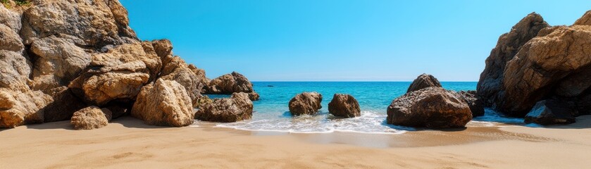 Sticker - Seaside Boulders, Large rocks along the sandy beach with clear blue sky, Coastal serenity.