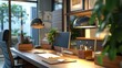 © Srisa - A modern office with ambient desk lamps, clean design, and natural elements, creating a calming and productive work environment.