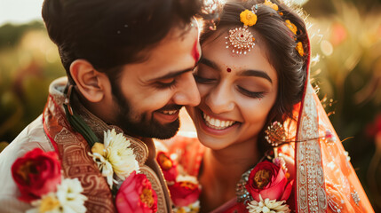 Wall Mural - Indian wedding couple in a playful pose, groom teasing bride with a flower, close-up, playful expressions