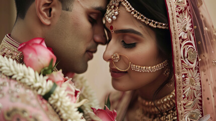 Poster - Indian wedding couple in a romantic pose with groom kissing bride's forehead, close-up romantic expressions