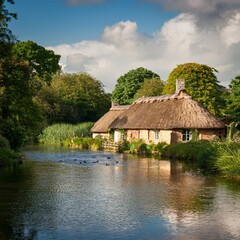 Wall Mural - straw-roof cottage in the UK, AI generated