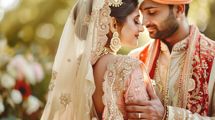 Poster - Indian wedding couple in a romantic pose, groom holding bride's hand,