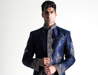 Poster - Indian wedding Groom in Navy Blue Sherwani with Silver Thread Work