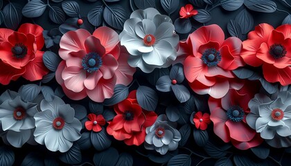 Assorted 3D flowers creating an intricate abstract pattern on a black background