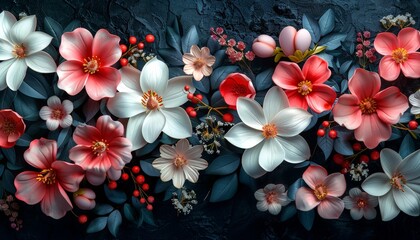 Assorted 3D flowers creating an intricate abstract pattern on a black background