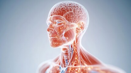 a detailed anatomical highlighting the human nervous system and brain structures in a vibrant digita