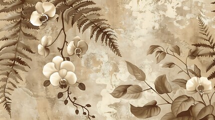 A vintage wallpaper featuring detailed botanical prints of orchids and ferns. The flowers and leaves are illustrated in intricate sepia tones,