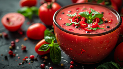 Wall Mural - Close-up of Mexican tomato cream soup with chili peppers and herbs served in a dark bowl on the kitchen table. Cold gazpacho in a plate. Food concept.