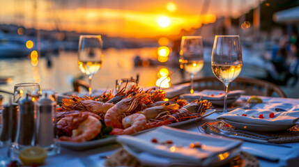 Elegant table setting with local products with fine wines on the table. Restaurant reserved table overlooking the sunset harbor. Concept of food, relaxation, beauty.